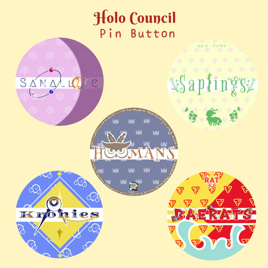 Hololive Pin Button Holocouncil Nanashi Mumei, Ouro Kronii, Tsukumo Sana, Hakos Baelz, Ceres Fauna