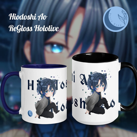 Hiodoshi Ao ReGloss Hololive Mug with Black and Dark Blue Color Inside, 11oz & 15oz