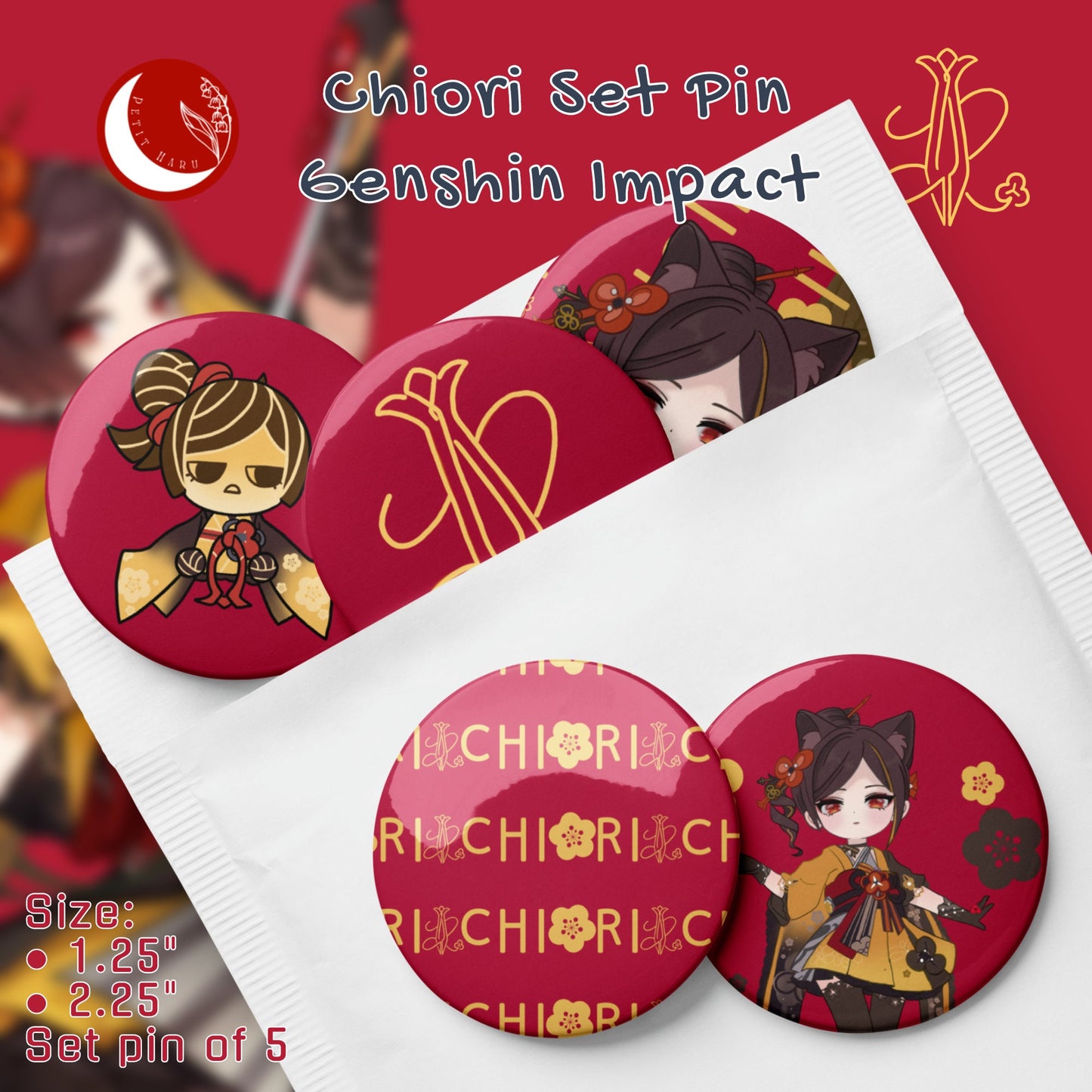 Chiori Genshin Impact Fanart Set of 5 pin buttons